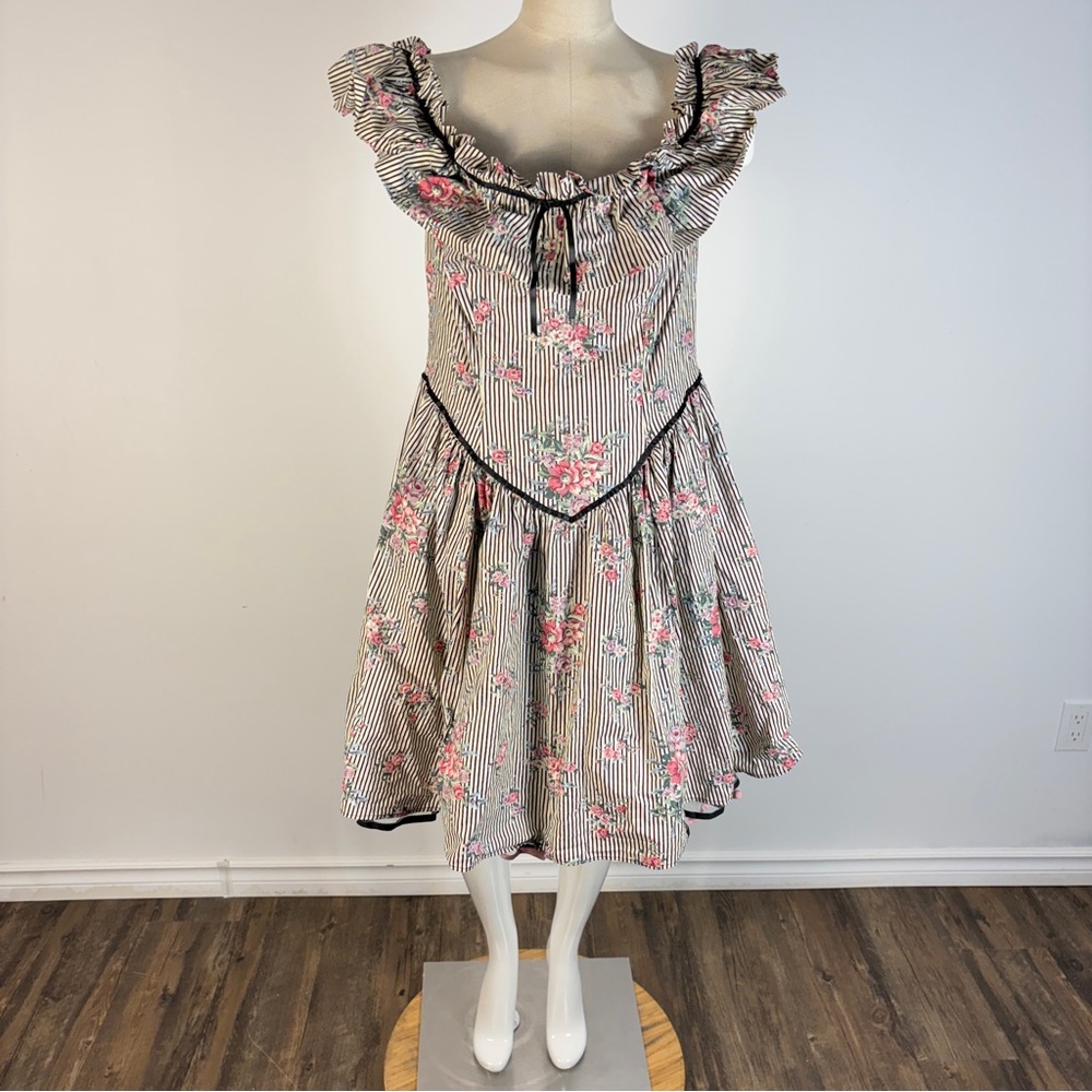 Vintage 80s Style Cottagecore Prairie Dress Floral Striped Ruffle Neck Plus Size